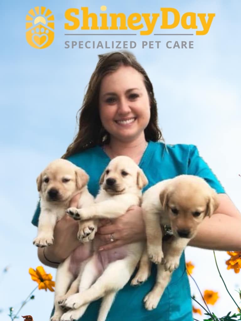 Woman holding puppies, ShineyDay pet care logo.